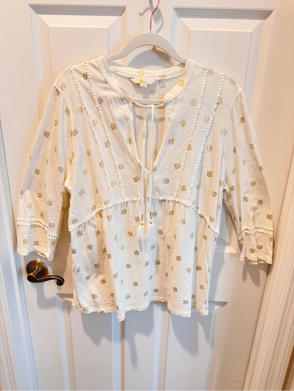 White Boho Peasant Top with Gold Embroidery